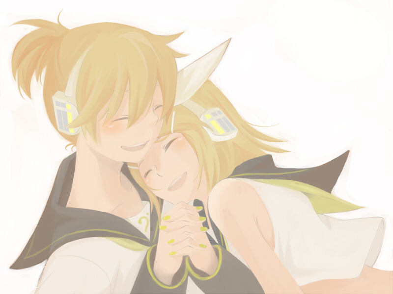hk, kagamine len, kagamine rin, vocaloid, bad id, bad pixiv id, 1boy, 1girl, blonde hair, brother and sister, detached sleeves, hair ornament, hairclip, headphones, midriff, ribbon, short hair, siblings, twins