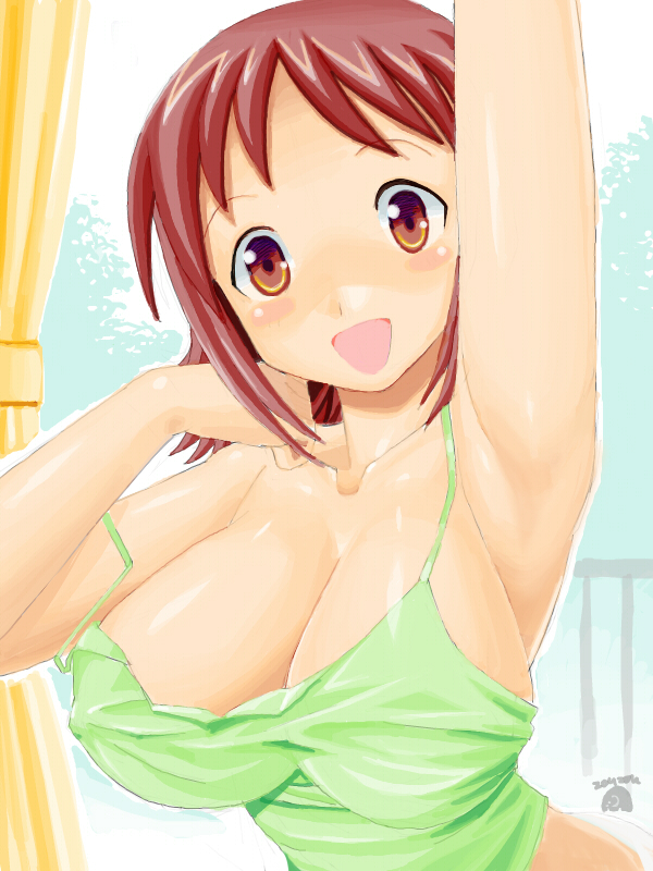 zouzou, hinako (issho ni training), issho ni training, 00s, 10s, armpits, breasts, brown eyes, brown hair, camisole, cleavage, large breasts, solo