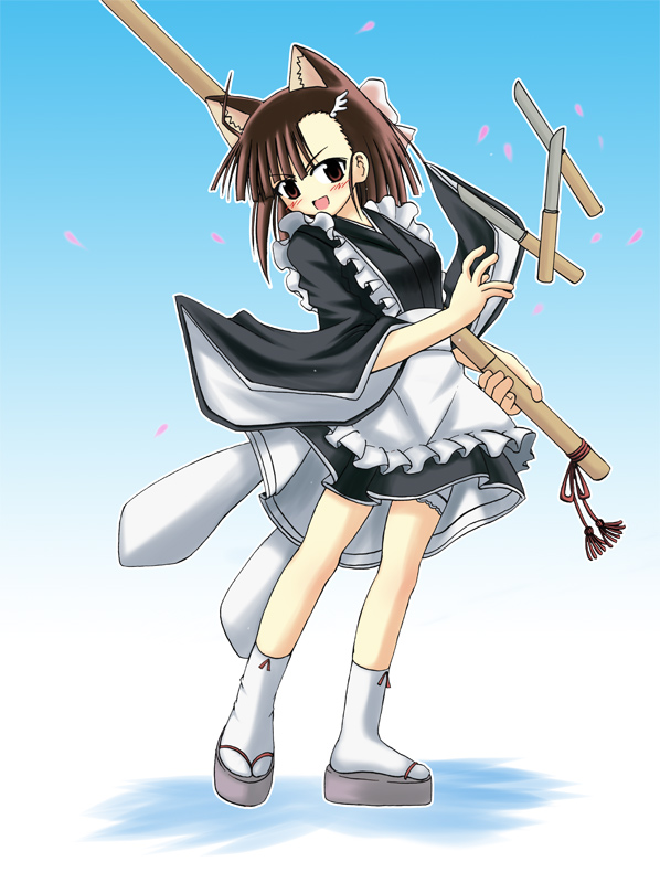inaba fuyuki, sakurazaki setsuna, mahou sensei negima!, 00s, animal ears, asymmetrical bangs, black hair, cat ears, hair ornament, hairpin, japanese clothes, kimono, knife, maid, sandals, sica shishikushiro, solo, sword, wa maid, weapon