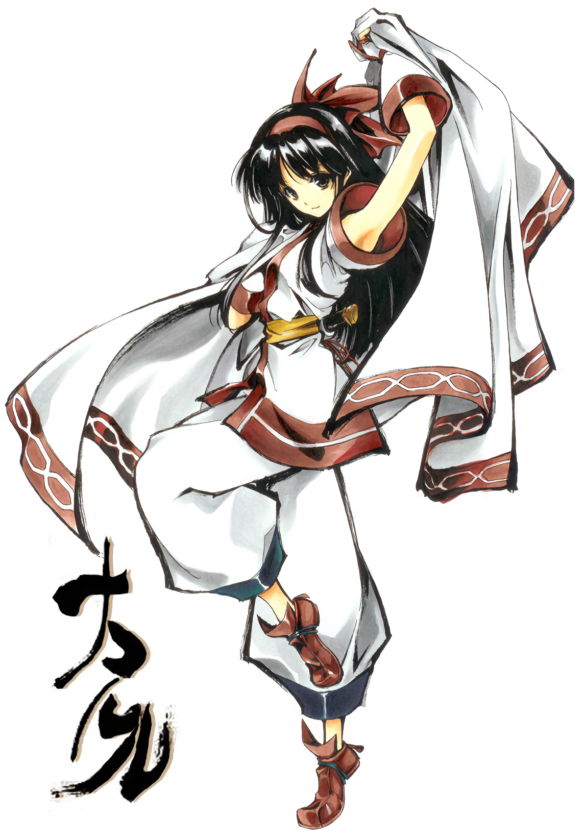 nakoruru, samurai spirits, snk, the king of fighters, highres, translated, 1girl, ainu clothes, arm up, armpits, black hair, breasts, brown eyes, character name, fingerless gloves, from side, gloves, hair ribbon, japanese text, leg lift, leg up, legs, long hair, looking at viewer, pants, ribbon, small breasts, smile, solo, thighs, weapon