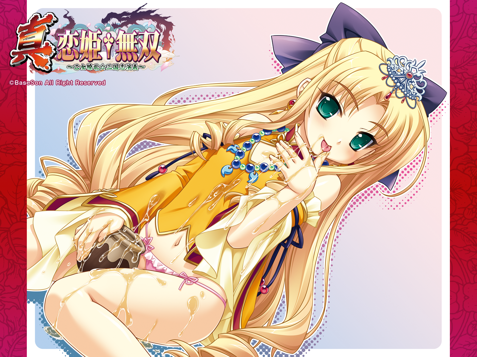 saeki hokuto, enjutsu (koihime musou), koihime musou, shin koihime musou, highres, official art, official wallpaper, 00s, 1girl, :p, blonde hair, bow, copyright name, crown, drill hair, earrings, female focus, green eyes, hair bow, honey, jewelry, licking, licking finger, loli, long hair, navel, no pants, panties, pink panties, ribbon, sexually suggestive, sitting, solo, string panties, suggestive fluid, tongue, tongue out, underwear, watermark