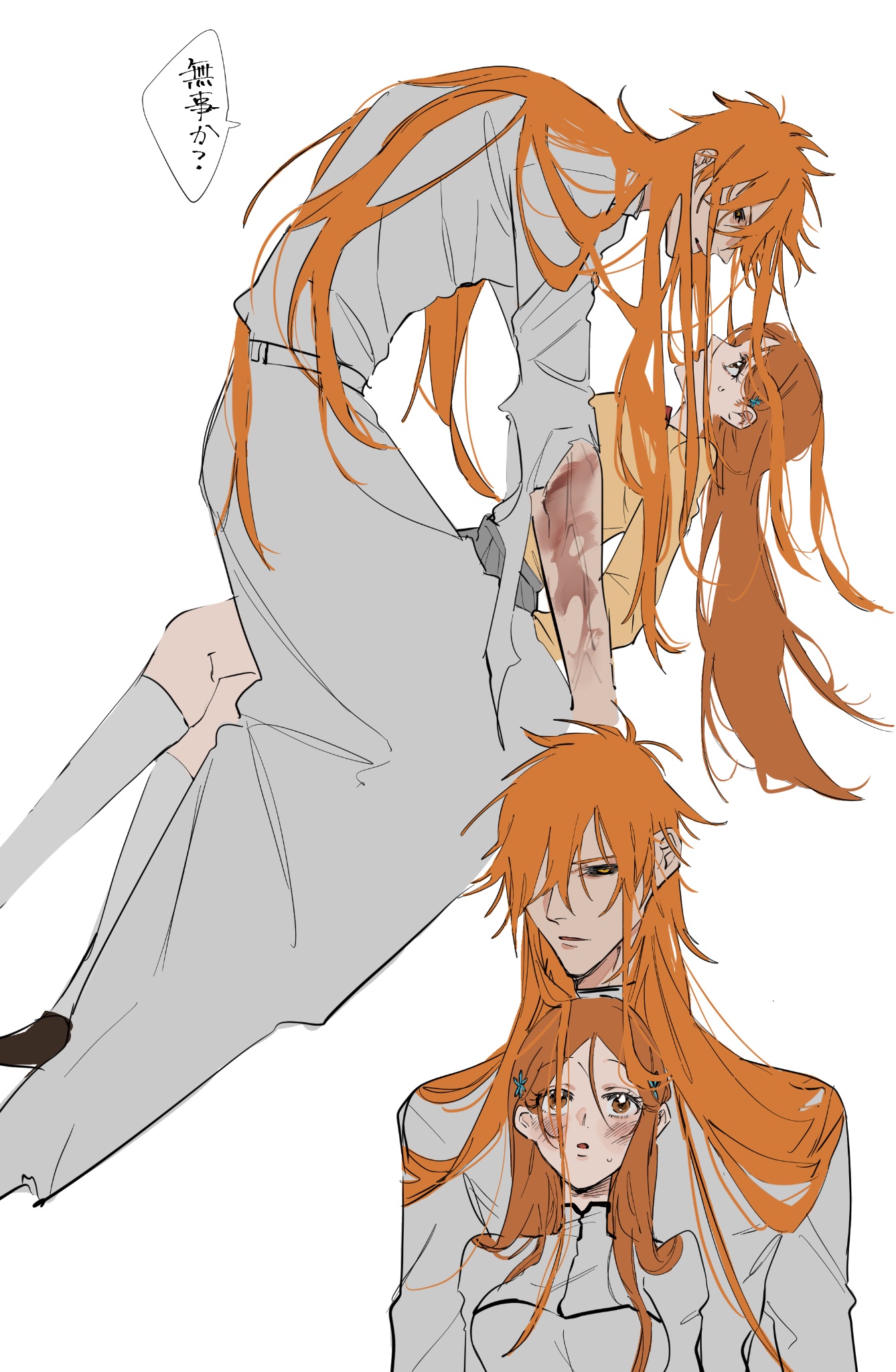 mozukurinn, inoue orihime, kurosaki ichigo, bleach, highres, 1boy, 1girl, black sclera, blood, blood on arm, blush, breasts, colored sclera, couple, dress, grey skirt, hair between eyes, hair ornament, hair over one eye, hetero, long hair, medium breasts, orange eyes, orange hair, parted lips, robe, school uniform, shirt, skirt, snowflake hair ornament, socks, sweatdrop, white background, white dress, white robe, white socks, yellow shirt