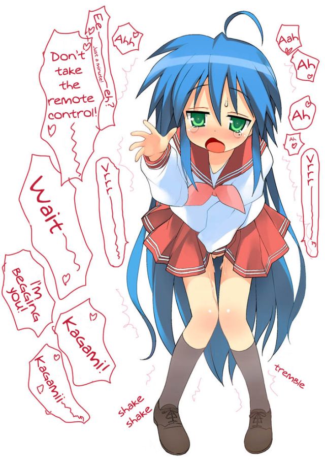 izumi konata, lucky star, hard-translated, translated, blue hair, green eyes, long hair, pussy juice, school uniform, skirt, tears, trembling