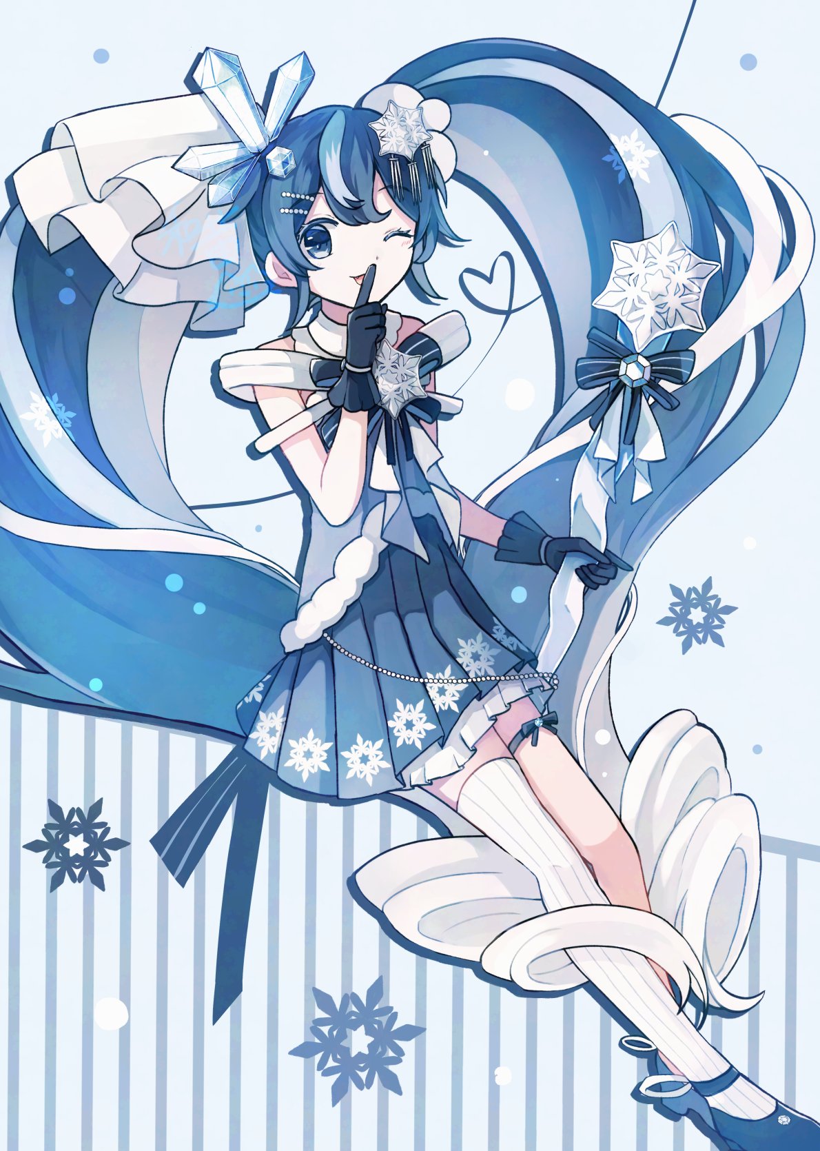 wakolenrin, hatsune miku, yuki miku, yuki miku (2025), vocaloid, highres, 1girl, aqua hair, blue dress, blue eyes, blue gloves, blue hair, blue skirt, dress, gloves, hair between eyes, hair ornament, holding, holding wand, index finger raised, long hair, looking at viewer, official alternate costume, official alternate hairstyle, one eye closed, open mouth, pleated skirt, single thighhigh, skirt, smile, snowflake hair ornament, snowflake ornament, snowflake print, solo, striped clothes, striped thighhighs, thighhighs, twintails, very long hair, wand, white hair, white thighhighs