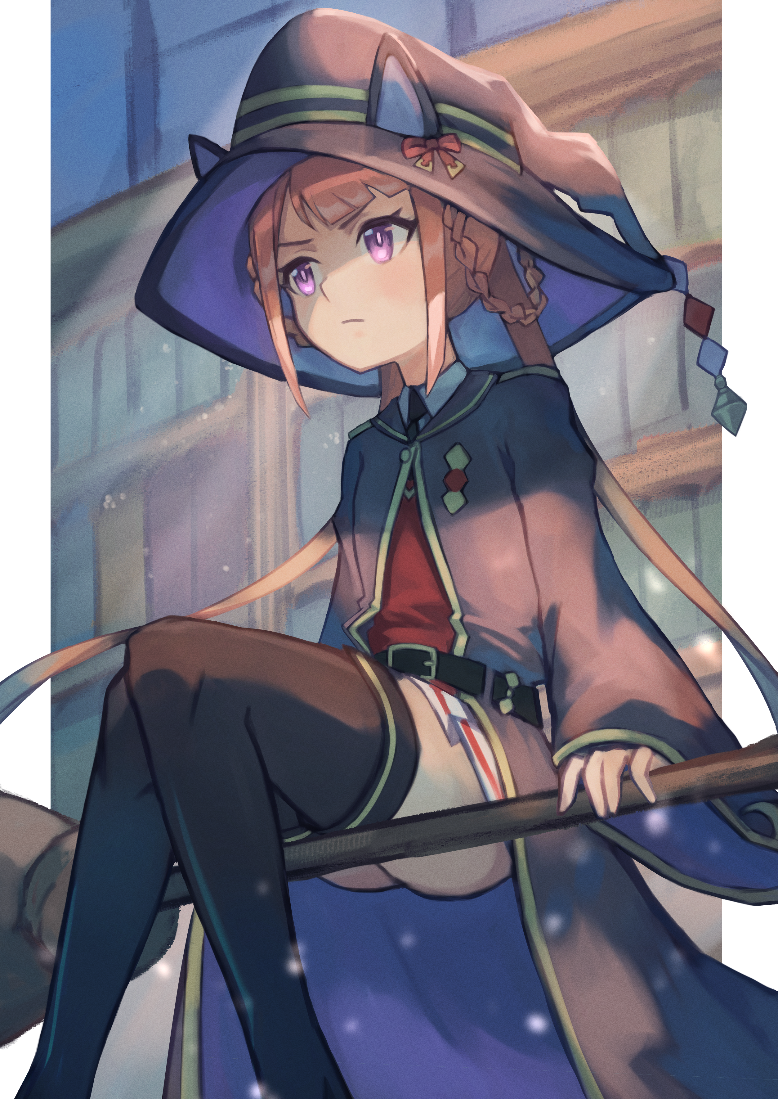 erulusyro, sweep tosho (platanus witch) (umamusume), sweep tosho (umamusume), umamusume, absurdres, commentary request, highres, 1girl, animal ears, belt, bookshelf, boots, braid, braided hair rings, broom, broom riding, brown hair, feet out of frame, hair rings, hat, hat with ears, horse ears, horse girl, long hair, long sleeves, purple eyes, solo, thigh boots, twintails, witch hat