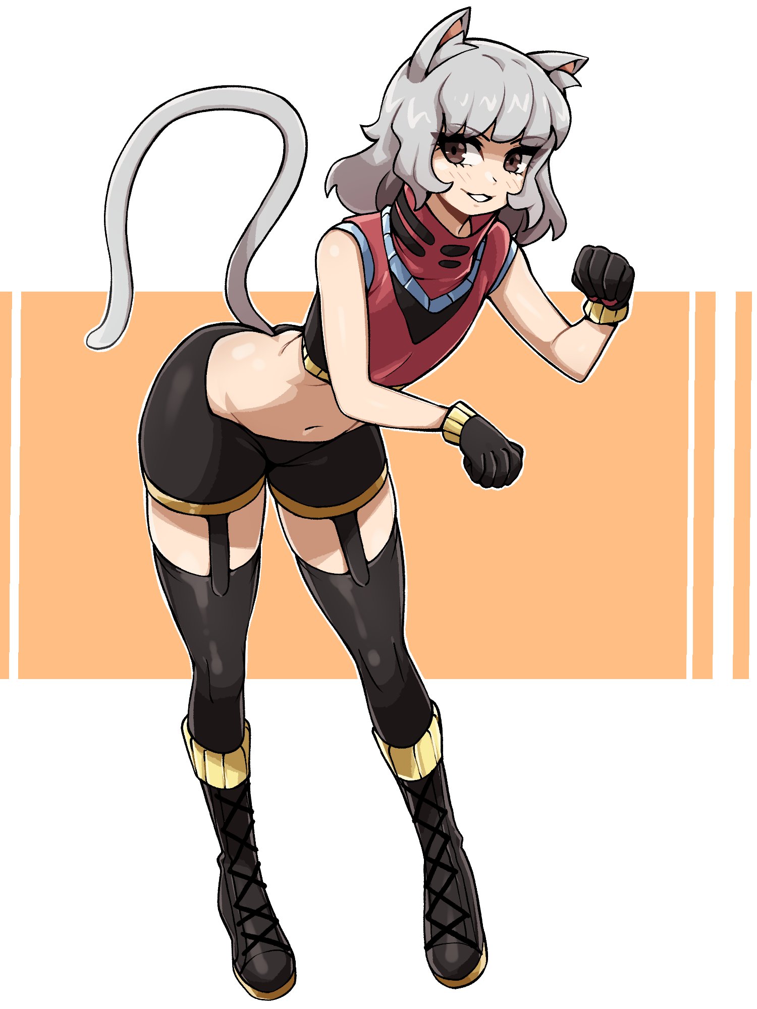 oninuer, original, commentary, commission, english commentary, highres, 1girl, animal ear fluff, animal ears, bent over, black boots, black gloves, black shorts, black thighhighs, boots, brown eyes, cat ears, cat girl, cat tail, cropped shirt, full body, garter straps, gloves, grey hair, knee boots, looking at viewer, navel, paw pose, red shirt, shirt, short hair, short shorts, shorts, sleeveless, sleeveless shirt, smile, solo, tail, thighhighs