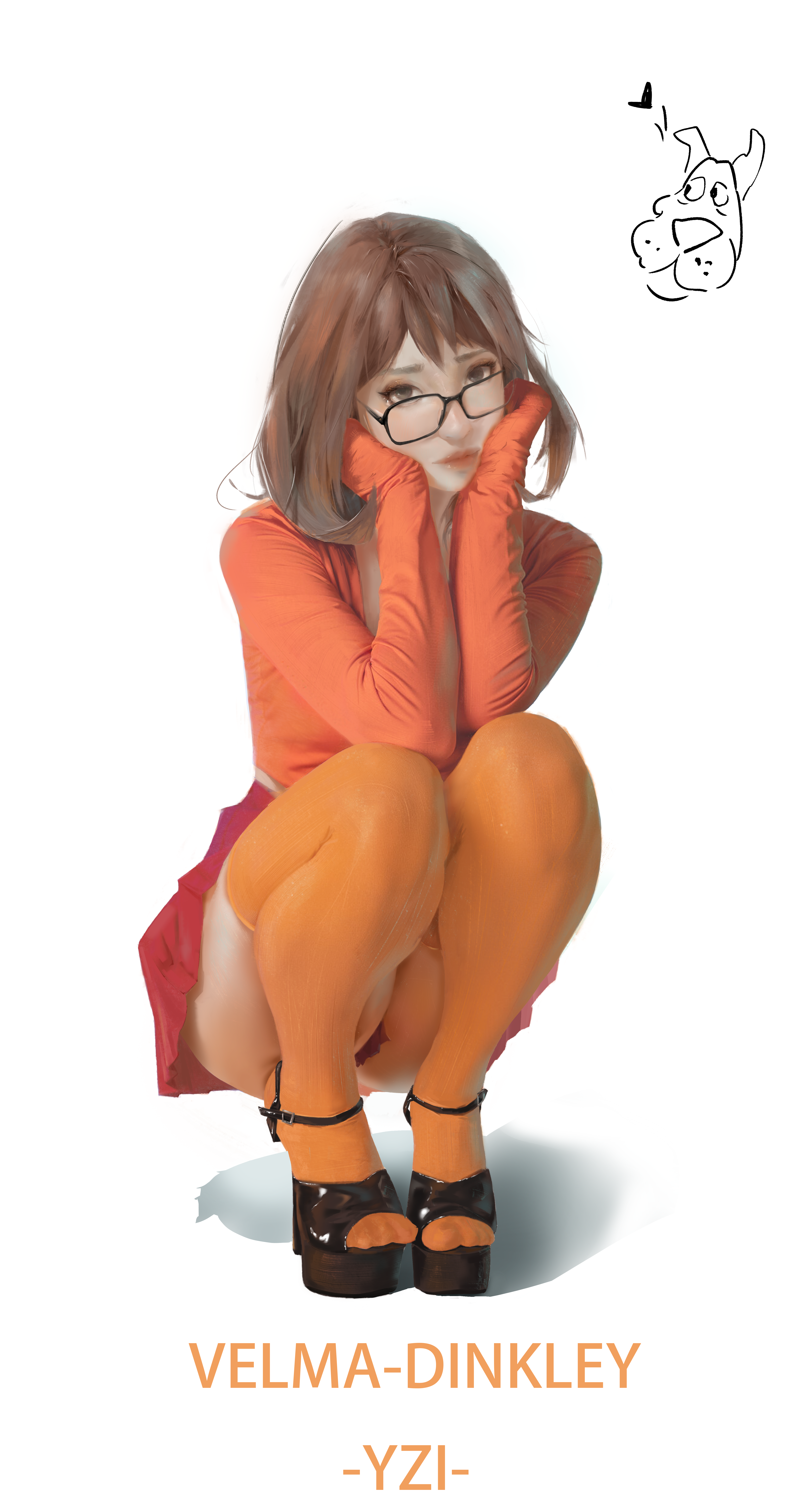 scooby-doo (character), velma dinkley, scooby-doo, absurdres, bilingual commentary, commentary, english commentary, highres, mixed-language commentary, 1girl, artist name, black-framed eyewear, black shoes, brown hair, character name, closed mouth, doodle inset, elbows on knees, full body, glasses, hands on own cheeks, hands on own face, legs, long sleeves, looking at viewer, medium hair, miniskirt, open-toe shoes, orange sweater, orange thighhighs, platform heels, pleated skirt, rectangular eyewear, red lips, red skirt, shoes, simple background, skirt, sleeves past wrists, solo, squatting, sweater, thighhighs, white background, yzi (pixiv24609791)