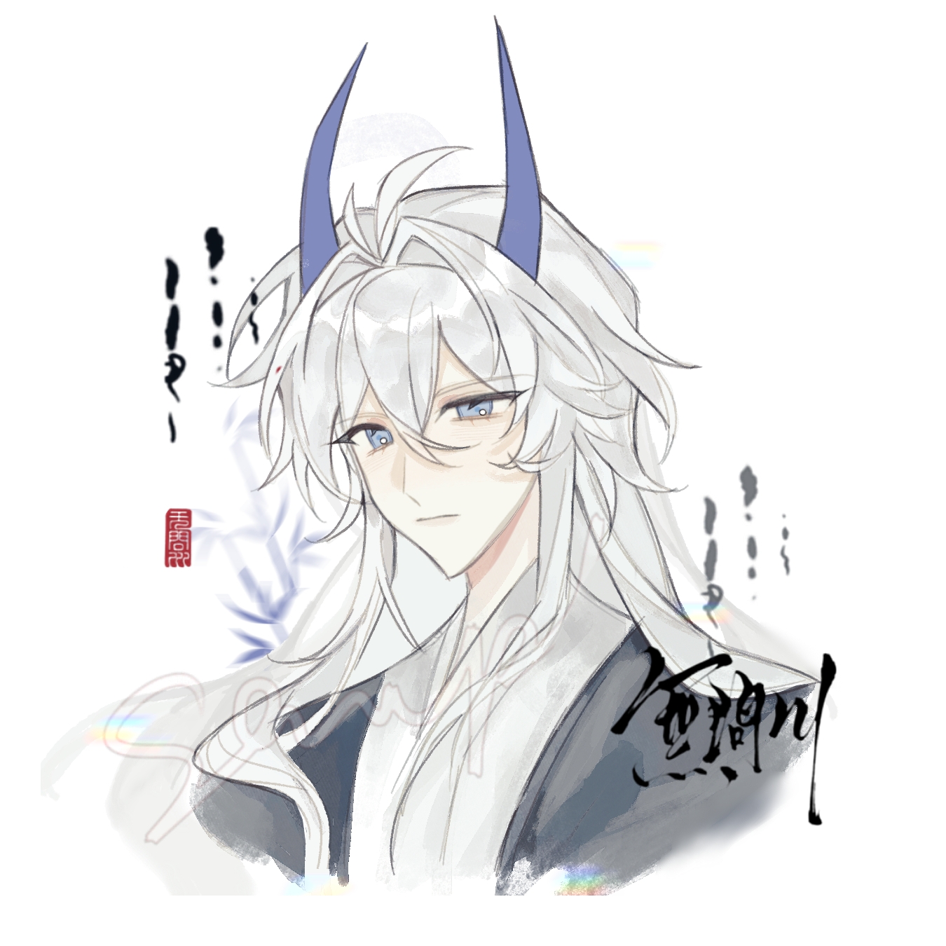 honkai: star rail, honkai (series), chinese commentary, highres, 1boy, antenna hair, blue eyes, blue horns, closed mouth, expressionless, fuchangle00777, hair between eyes, hakuhatsu ki, head tilt, horns, japanese clothes, kimono, long hair, male focus, robe, shade, solo, upper body, watermark, white background, white hair