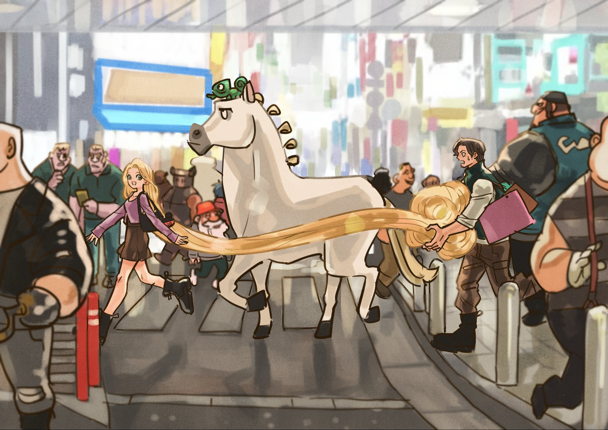 takeuchi ryousuke, flynn rider, maximus (tangled), pascal (tangled), rapunzel (disney), tangled, highres, 1girl, 6+boys, animal, animal on head, bag, black boots, black skirt, blonde hair, boots, brown pantyhose, city, crosswalk, full body, green vest, holding another's hair, hook hand, horse, lizard, long hair, multiple boys, on head, open mouth, pantyhose, purple shirt, shirt, short hair, shoulder bag, skirt, sleeves rolled up, smile, striped clothes, striped shirt, sweatdrop, very long hair, vest, walking, white shirt