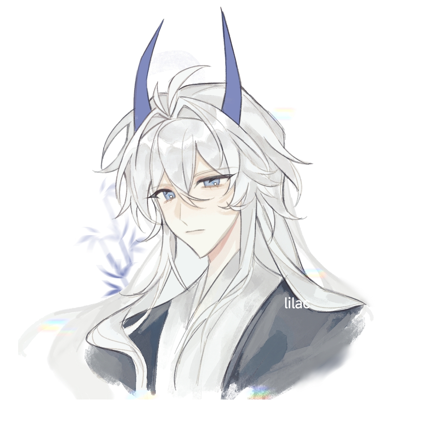honkai: star rail, honkai (series), chinese commentary, highres, 1boy, antenna hair, artist name, blue eyes, blue horns, blurry, blurry background, closed mouth, expressionless, fuchangle00777, hair between eyes, hakuhatsu ki, head tilt, horns, japanese clothes, kimono, long hair, male focus, robe, shade, solo, upper body, watermark, white background, white hair