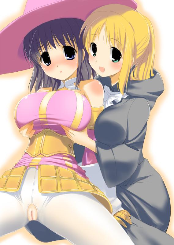 hima, fantasy earth zero, torn legwear, white legwear, 2girls, armor, blonde hair, blush, breasts, brown hair, censored, corset, crotchless, grabbing another's breast, groping, huge breasts, multiple girls, pantyhose, pussy, torn clothes, yuri
