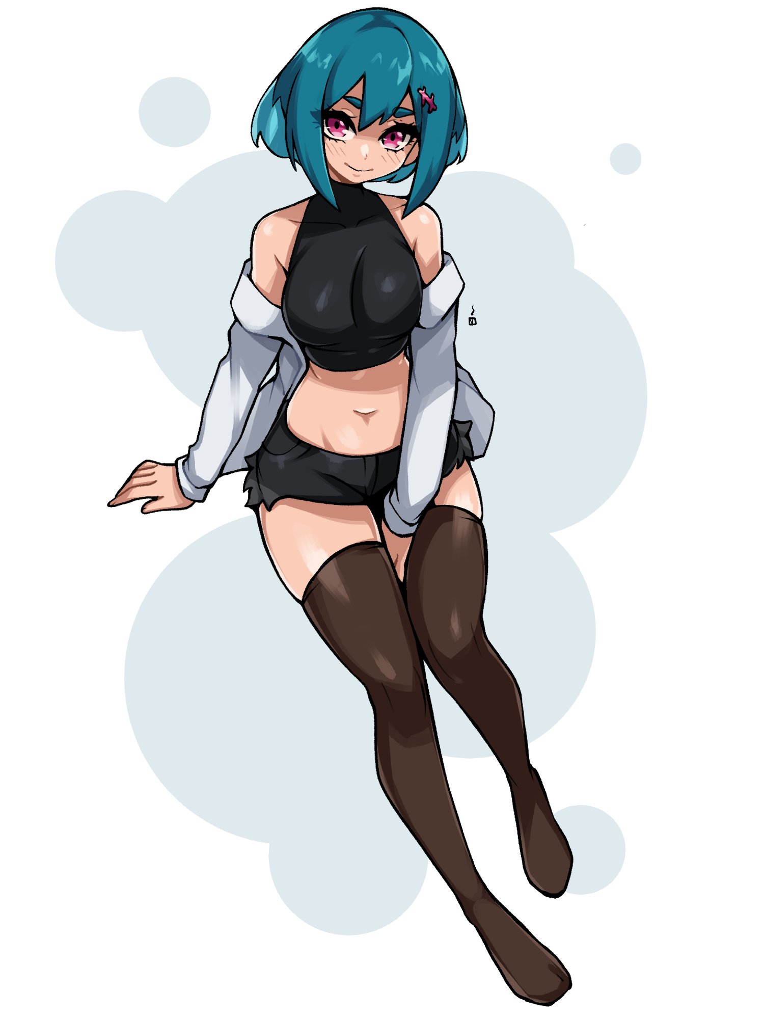 oninuer, original, commentary, commission, english commentary, highres, 1girl, bare shoulders, between legs, black shorts, black thighhighs, blue hair, breasts, closed mouth, crop top, double-parted bangs, full body, hair ornament, hand between legs, jacket, jacket partially removed, large breasts, long sleeves, looking at viewer, midriff, pink eyes, short hair, short shorts, shorts, skindentation, smile, solo, thighhighs, white background, white jacket