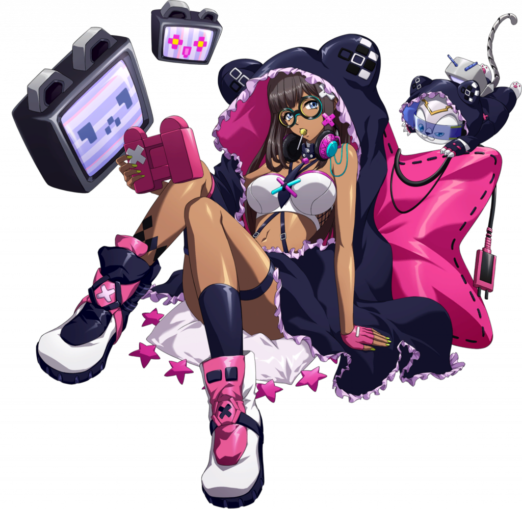 langrisser, langrisser mobile, langrisser re:incarnation, game cg, official art, third-party source, 1girl, animal ear hood, animal ears, animal hood, arm support, bare arms, bare shoulders, bespectacled, black-framed eyewear, black cloak, black hair, black necktie, black shoes, black socks, blue eyes, breasts, candy, cat hood, choker, cleavage, cloak, controller, creature, dark-skinned female, dark skin, electric plug, fake animal ears, fingerless gloves, fishnet top, fishnets, food, frilled cloak, full body, game console, game controller, glasses, gloves, green nails, hair ornament, handheld game console, headphones, headphones around neck, holding, holding controller, holding game controller, hood, hood up, hooded cloak, large breasts, legs, lensless glasses, lollipop, lollipop in mouth, long sidelocks, looking at viewer, mesh, midriff, mouth hold, multicolored shoes, nail polish, navel, necktie, official alternate costume, pillow, pink cloak, pink gloves, pink shoes, shoes, sidelocks, simple background, single glove, single sock, sitting, sitting on pillow, sneakers, socks, solo, star (symbol), strap, strapless, tachi-e, television, thigh strap, towa (langrisser), transparent background, tube top, two-sided cloak, two-sided fabric, white shoes, white tube top