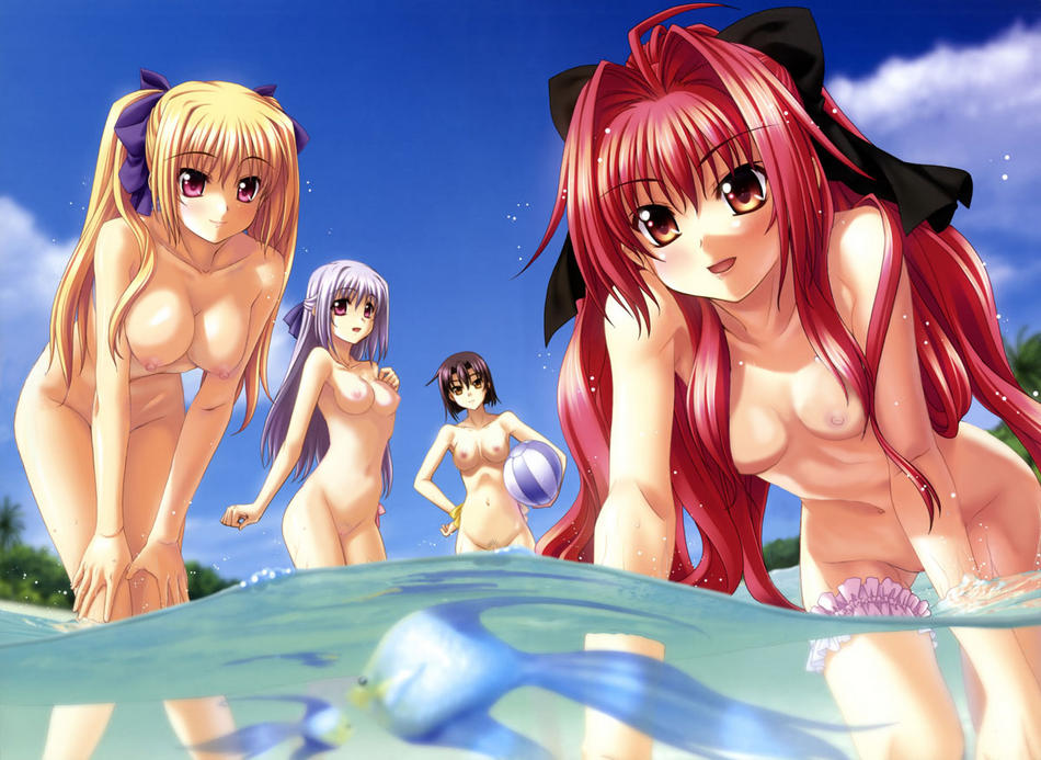 kannatsuki noboru, corticarte apa lagranges, tsuge eufinley, yugiri perserte, yugiri princesca, shinkyoku soukai polyphonica, nude filter, third-party edit, 00s, 4girls, ball, beach, beachball, bikini, blonde hair, breasts, cleavage, fish, multiple girls, ocean, red hair, swimsuit, uncensored, water, wet