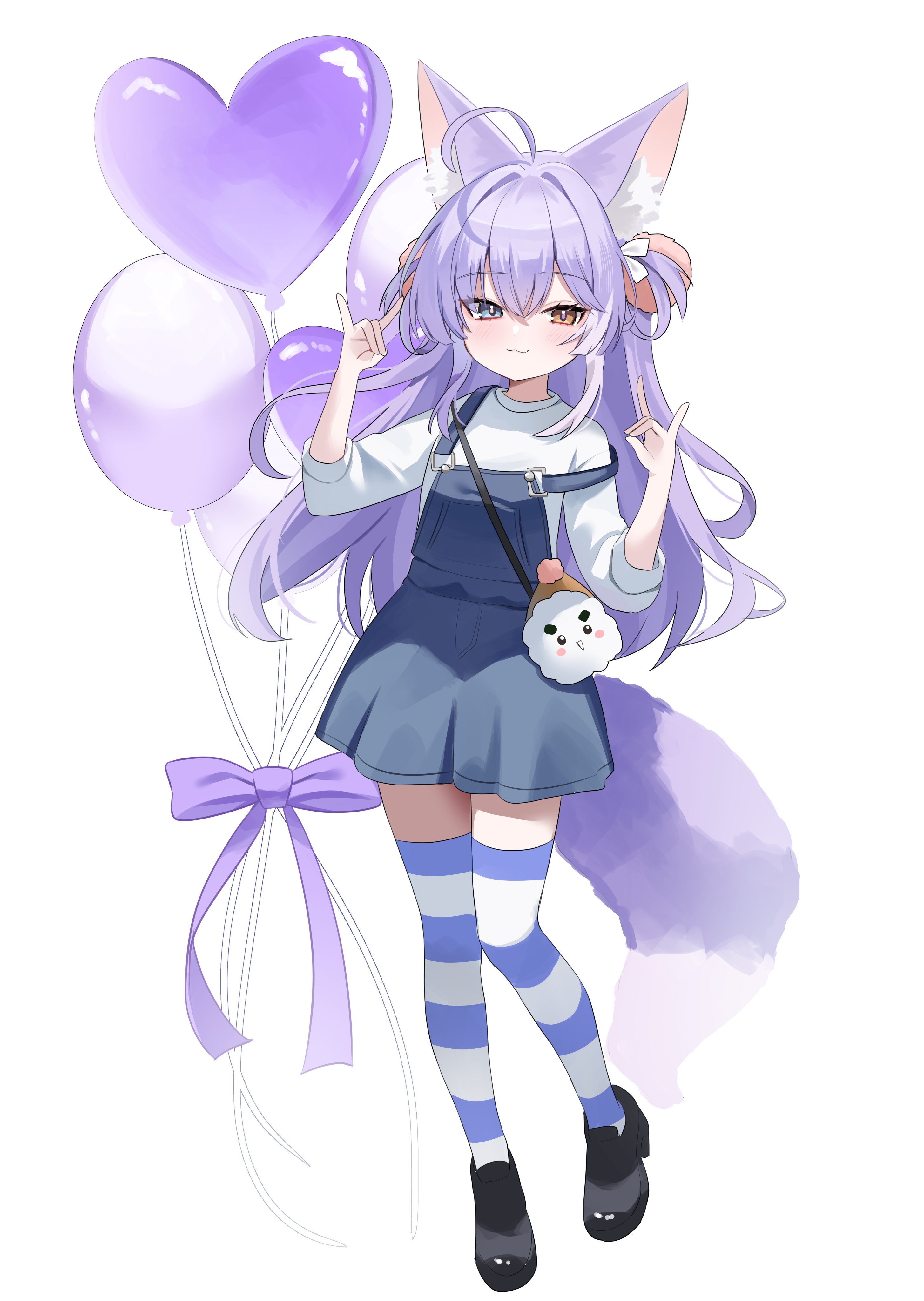 nannung, tenko shibuki, stellive, absurdres, highres, 1girl, :3, animal ears, balloon, black shoes, blue eyes, brown eyes, double fox shadow puppet, fox ears, fox girl, fox shadow puppet, fox tail, hair ornament, heart balloon, heterochromia, inari (tenko shibuki), long hair, looking at viewer, multicolored hair, pom pom (clothes), pom pom hair ornament, purple hair, shirt, shoes, simple background, skirt, smile, streaked hair, striped clothes, striped thighhighs, suspender skirt, suspenders, suspenders slip, tail, thighhighs, three-quarter sleeves, two-tone hair, virtual youtuber, white background, white hair, white shirt