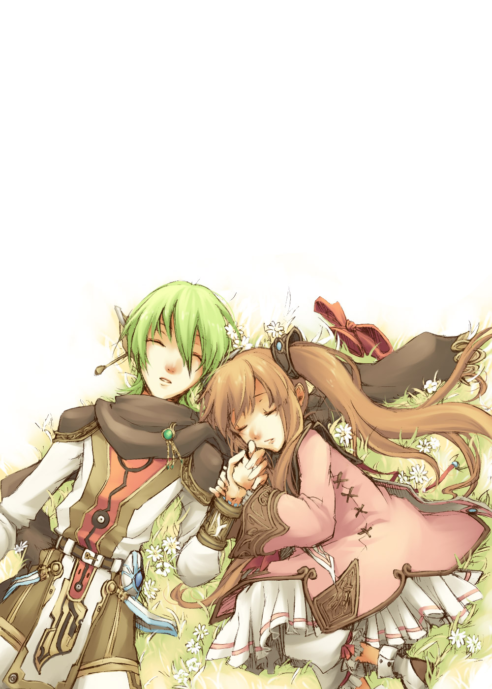 faize scheifa beleth, lymle lemuri phi, star ocean, star ocean: the last hope, bad id, bad pixiv id, highres, 1boy, 1girl, bishounen, brown hair, closed eyes, couple, ear covers, earrings, flower, grass, green hair, hetero, holding hands, jewelry, scarf, sleeping, twintails
