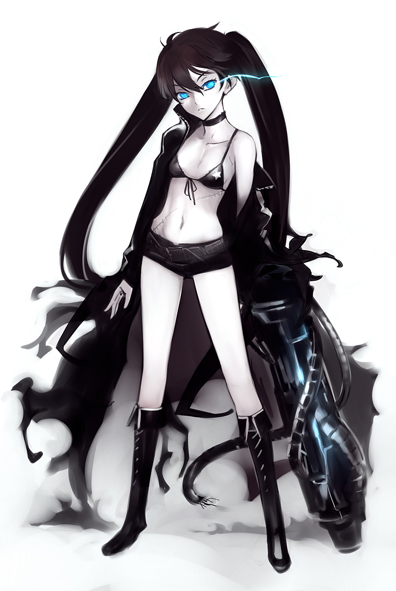 nishieda, black rock shooter (character), black rock shooter, vocaloid, bad id, bad pixiv id, highres, 10s, 1girl, arm cannon, belt, bikini, bikini top only, black boots, black hair, blue eyes, boots, cape, female focus, front-tie top, full body, glowing, glowing eyes, gun, long hair, midriff, navel, scar, shorts, simple background, solo, standing, swimsuit, twintails, weapon