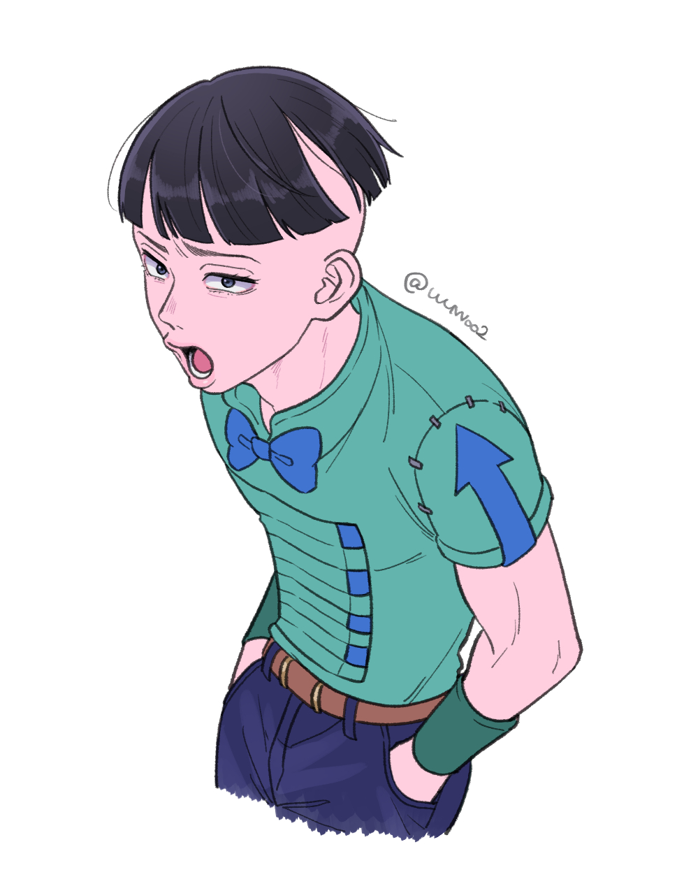 higashikata joshu, jojo no kimyou na bouken, jojolion, commentary request, highres, 1boy, belt, black eyes, black hair, blue bow, blue bowtie, blue pants, bow, bowtie, brown belt, hands in pockets, hokkyoku (uuunnoo2), hunched over, male focus, open mouth, pants, solo, twitter username, upper body, wristband