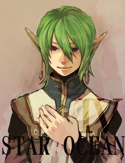 tetsuo (watson), faize scheifa beleth, star ocean, star ocean: the last hope, 1boy, bishounen, brown background, copyright name, earrings, green hair, jewelry, male focus, purple eyes, smile, solo