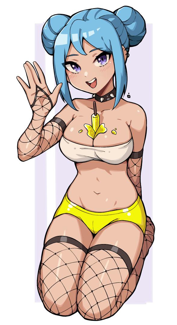 oninuer, iru may (akairiot), original, commentary, english commentary, 1girl, bare shoulders, black choker, blue hair, border, borrowed character, breasts, bridal gauntlets, choker, dark-skinned female, dark skin, detached sleeves, double-parted bangs, double bun, ear piercing, fishnet bridal gauntlets, fishnet thighhighs, fishnets, food, food between breasts, full body, hair bun, hand up, large breasts, looking at viewer, melting popsicle, micro shorts, open mouth, outside border, piercing, popsicle, purple eyes, seiza, short hair, shorts, sidelocks, sitting, smile, solo, spiked choker, spikes, stomach, strapless, thighhighs, tube top, white border, white tube top, yellow shorts
