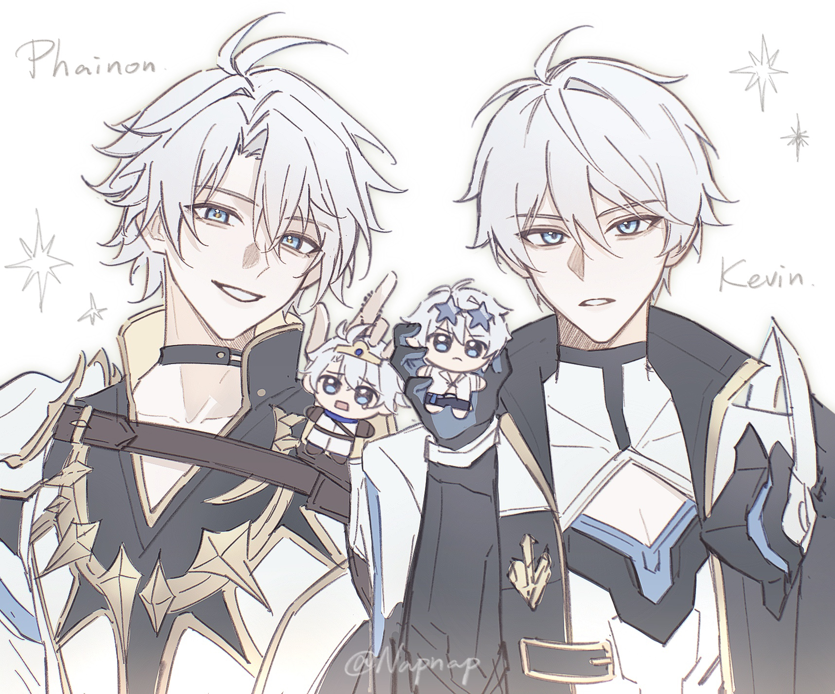 napppptt, hino satoshi, kevin kaslana, phainon (honkai: star rail), honkai: star rail, honkai (series), honkai impact 3rd, mihoyo, chinese commentary, highres, 2boys, alternate universe, antenna hair, armor, artist name, black choker, blue eyes, character name, chest belt, chibi, choker, cleavage cutout, clothing cutout, coat, collarbone, collared coat, crossover, english text, hair between eyes, head tilt, high collar, hoyofair, in-franchise crossover, lofter username, long sleeves, looking at viewer, male focus, multiple boys, official alternate costume, open clothes, open coat, parted lips, pectoral cleavage, pectorals, shade, short hair, shoulder armor, smile, teeth, twitter username, upper body, voice actor connection, wavy hair, white background, white hair