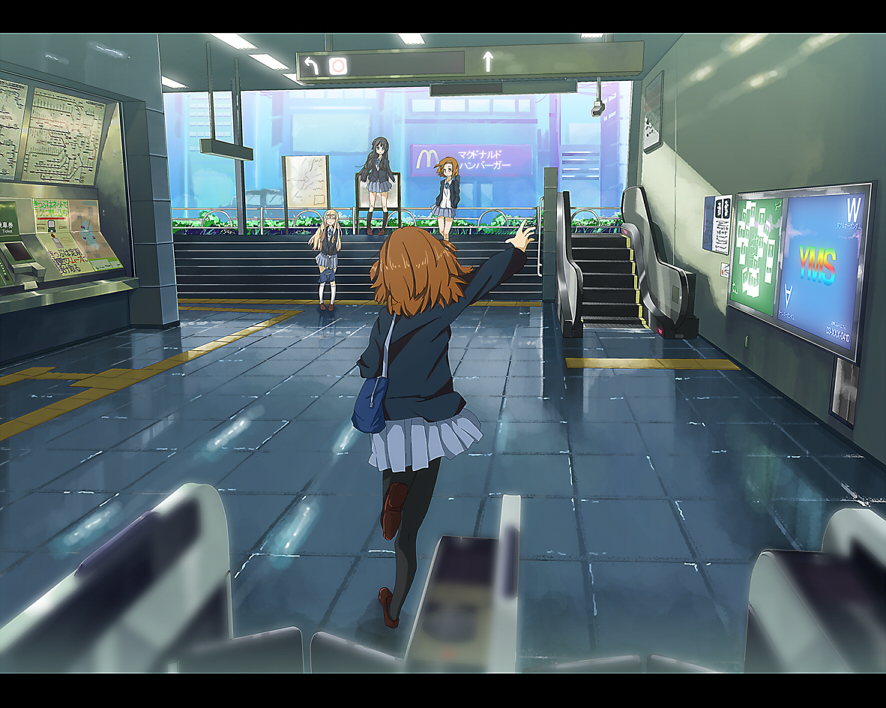 ryouma (galley), akiyama mio, hirasawa yui, kotobuki tsumugi, tainaka ritsu, k-on!, mcdonald's, bad id, bad pixiv id, 00s, 4girls, black hair, blonde hair, blurry, brown hair, depth of field, escalator, fare gate, ho-kago tea time, legs, letterboxed, map, multiple girls, pantyhose, school uniform, subway map, tactile paving, train station