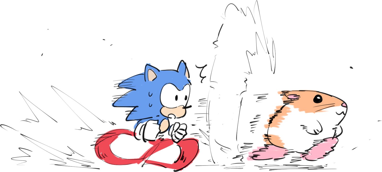 kaibootsu, rick (kirby), sonic the hedgehog, kirby (series), kirby air ride, kirby air riders, nintendo, sonic (series), :3, black eyes, hamster, motion blur, motion lines, no humans, notice lines, running, simple background, sweatdrop, wheel o feet, white background