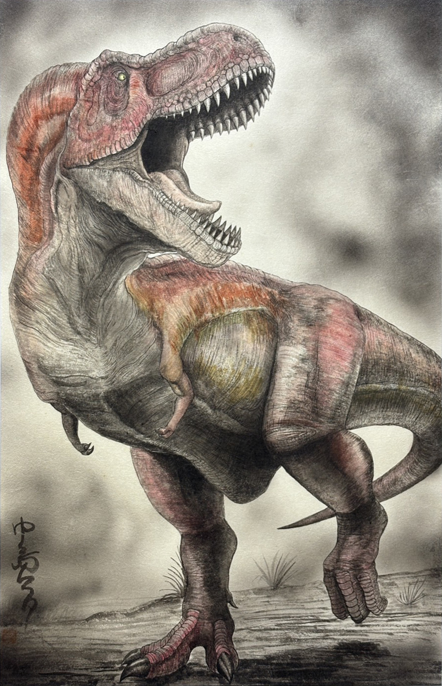 original, commentary, commentary request, english commentary, highres, mixed-language commentary, traditional media, animal, animal focus, day, dinosaur, gyolome club, no humans, outdoors, tyrannosaurus rex, watermark