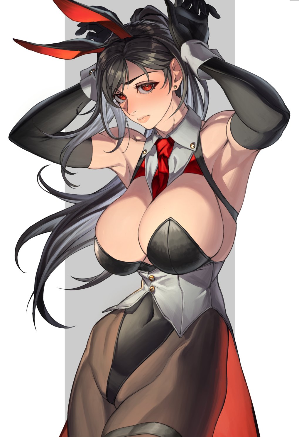 temoc, tifa lockhart, final fantasy, final fantasy vii, playboy, highres, 1girl, animal ear hairband, animal ears, armpits, between breasts, black hair, black leotard, border, breasts, cleavage, closed mouth, coattails, covered navel, detached collar, elbow gloves, fake animal ears, gloves, grey background, hairband, highleg, highleg leotard, large breasts, leotard, long hair, looking at viewer, necktie, outside border, pantyhose, pillarboxed, playboy bunny, playboy bunny vest, rabbit, rabbit ear hairband, rabbit ears, rabbit pose, rabbit tail, red eyes, simple background, solo, strap between breasts, strapless, strapless leotard, tail, vest, white border, white wrist cuffs, wrist cuffs