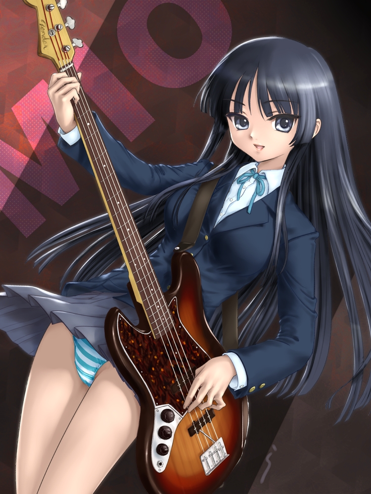 rasukaru, akiyama mio, k-on!, 00s, 1girl, bass guitar, black eyes, black hair, blazer, blunt bangs, clothes lift, dutch angle, female focus, hime cut, instrument, jacket, lipstick, long hair, makeup, miniskirt, panties, pantyshot, pleated skirt, sakuragaoka high school uniform, school uniform, skirt, skirt lift, smile, solo, standing, striped clothes, striped panties, underwear, upskirt