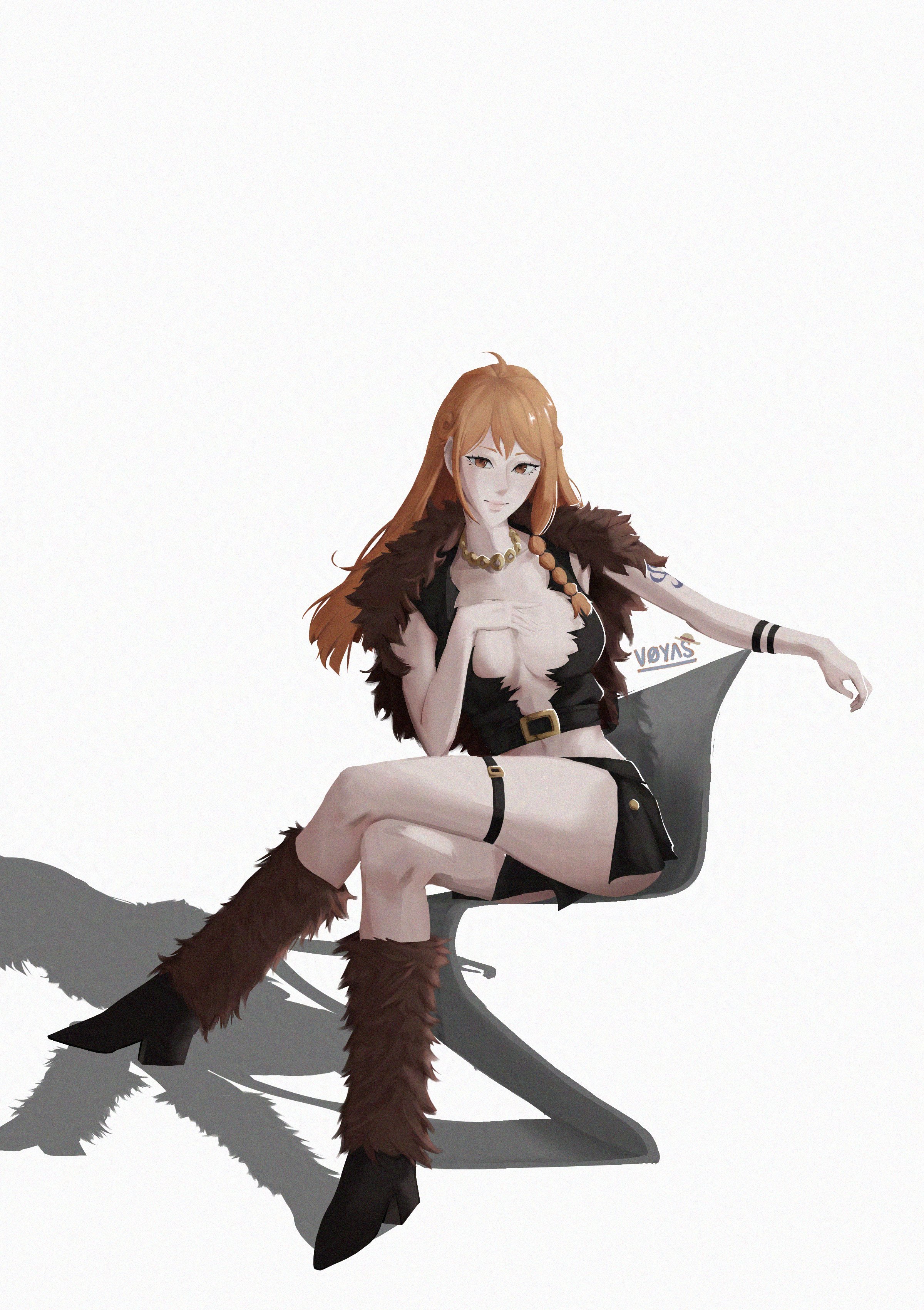 nami (one piece), one piece, absurdres, commentary, highres, 1girl, artist name, boots, bracelet, braid, braided sidelock, breasts, brown boots, brown capelet, brown eyes, brown leg warmers, brown loincloth, capelet, chair, cleavage, closed mouth, crop top, crossed legs, full body, fur capelet, gold necklace, jewelry, large breasts, leg warmers, legs, long hair, looking at viewer, midriff, miniskirt, navel, necklace, official alternate costume, on chair, orange hair, shoulder tattoo, simple background, single sidelock, sitting, skirt, smile, solo, tattoo, thigh strap, thighs, voyas, white background