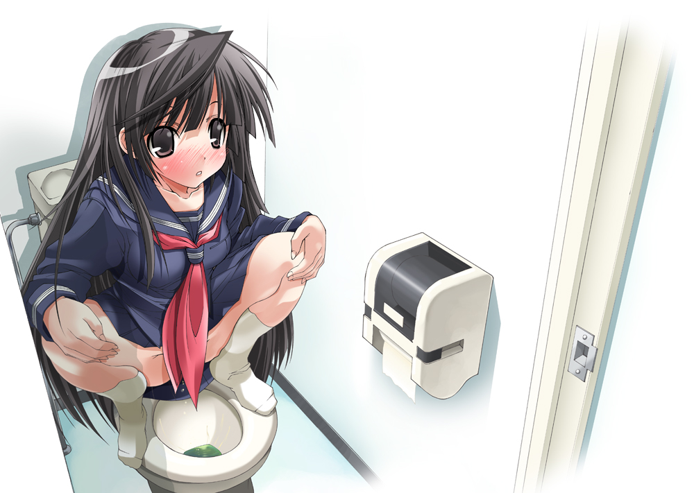 kim (kim h), mima chi, original, bad id, bad pixiv id, 1girl, black eyes, black hair, blush, censored, collarbone, convenient censoring, female focus, long hair, no panties, parted lips, pee, peeing, school uniform, serafuku, socks, solo, spread legs, squatting, tissue, toilet, toilet use, very long hair, you're doing it wrong