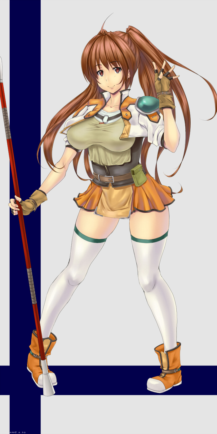 menosuke, estelle bright, eiyuu densetsu, falcom, sora no kiseki, bad id, bad pixiv id, highres, 1girl, breasts, brown eyes, brown hair, cleavage, female focus, fingerless gloves, gloves, large breasts, orange skirt, rod, skirt, solo, thighhighs