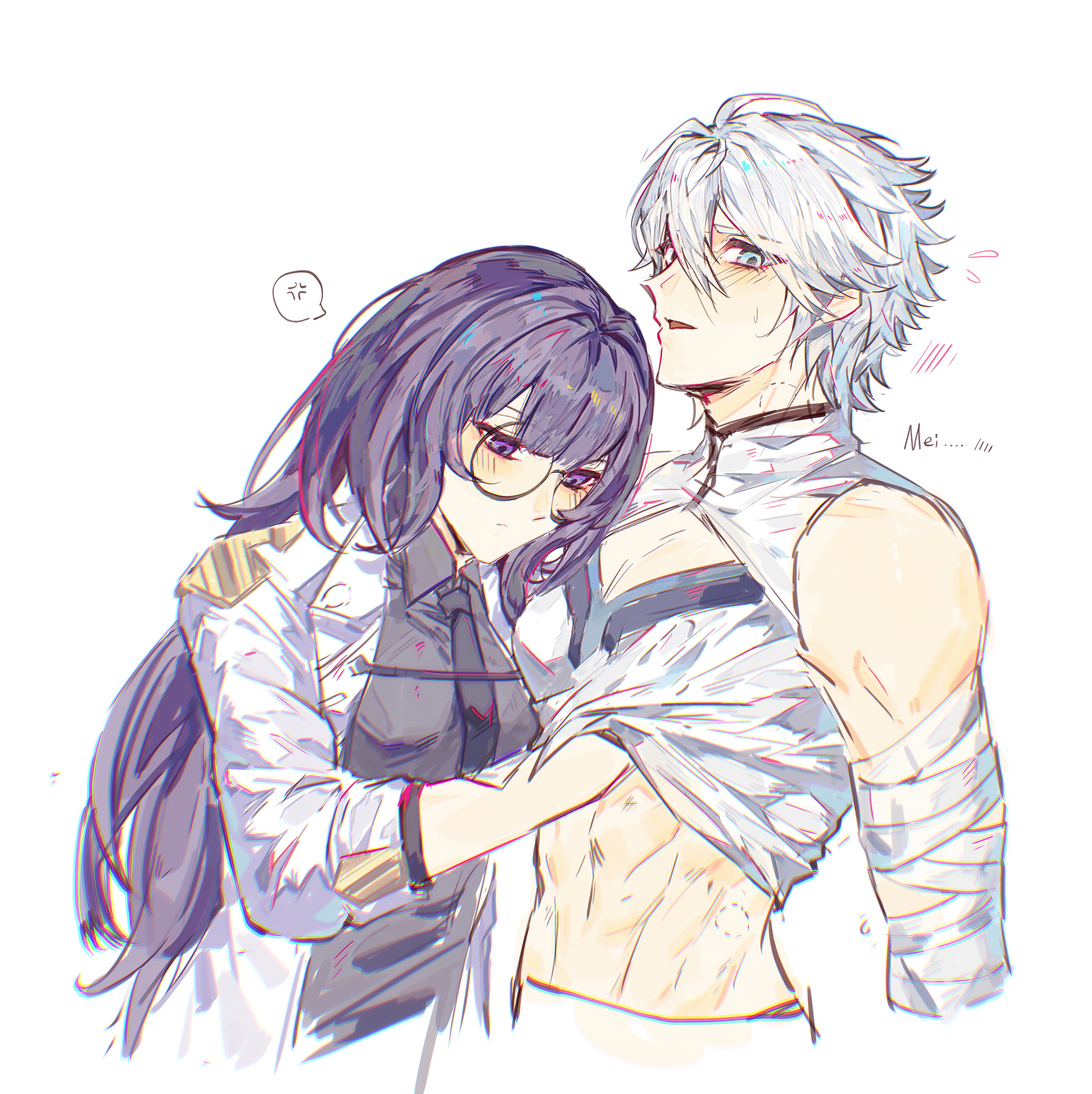 kevin kaslana, mei (honkai impact), honkai (series), honkai impact 3rd, absurdres, chinese commentary, highres, 1boy, 1girl, abs, anger vein, bandaged arm, bandages, bare shoulders, bite mark, bite mark on neck, black necktie, blue eyes, blunt bangs, blush, center opening, character name, coat, collared shirt, couple, english text, flying sweatdrops, glasses, grey shirt, hair between eyes, hetero, hickey, lab coat, long hair, looking down, looking to the side, muscular, muscular male, necktie, ning ningnin, nipple stimulation, open clothes, open coat, open mouth, purple eyes, purple hair, shade, shirt, short hair, sleeveless, sleeves rolled up, spoken anger vein, sweat, toned, toned male, upper body, white background, white coat, white hair