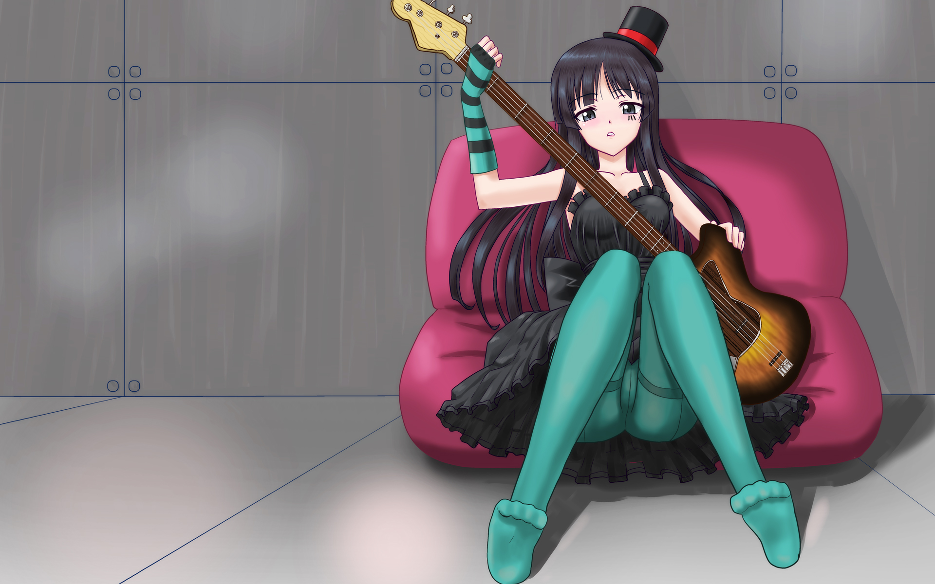 souma nouma, akiyama mio, don't say "lazy", k-on!, striped, bad id, bad pixiv id, highres, 00s, 1girl, bass guitar, black eyes, black hair, blue pantyhose, blunt bangs, blush, couch, dress, facepaint, feet, female focus, fingerless gloves, gloves, guitar, hat, hime cut, indoors, instrument, lipstick, long hair, makeup, mini hat, mini top hat, pantyhose, pillow, sitting, solo, top hat, upskirt