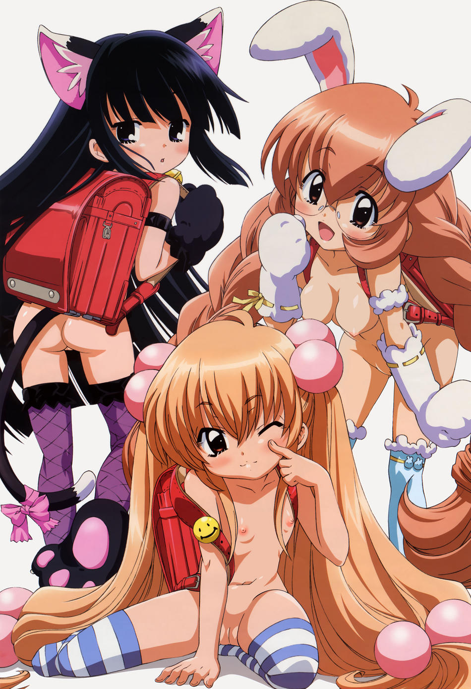 kagami kuro, kokonoe rin, usa mimi, kodomo no jikan, striped legwear, highres, nude filter, third-party edit, 3girls, animal ears, animal hands, ass, backpack, bag, black eyes, black hair, blonde hair, breasts, brown eyes, brown hair, cat ears, cat tail, flat chest, glasses, gloves, hair bobbles, hair ornament, loli, long hair, multiple girls, nipples, one eye closed, oppai loli, pussy, rabbit ears, randoseru, tail, thighhighs, wink