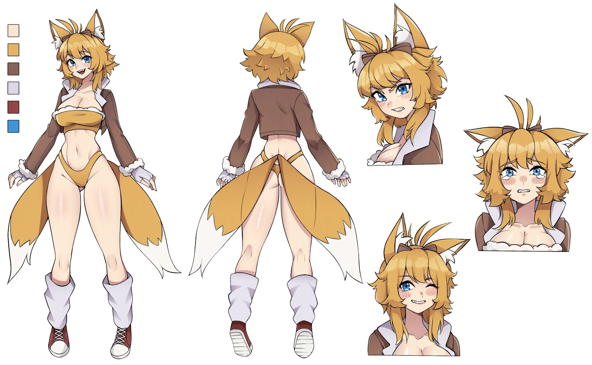 oninuer, tails (sonic), sonic (series), commentary, commission, english commentary, highres, 1girl, animal ear fluff, animal ears, antenna hair, ass, blonde hair, blue eyes, blush stickers, breasts, brown jacket, cleavage, collarbone, color guide, cropped jacket, fox ears, fox girl, fox tail, fur-trimmed tube top, fur trim, genderswap, genderswap (mtf), groin, highleg, highleg panties, humanization, jacket, large breasts, long sleeves, looking at viewer, loose socks, midriff, multiple expressions, multiple tails, multiple views, navel, open clothes, open jacket, open mouth, panties, red shoes, reference sheet, shoes, short hair, simple background, smile, socks, strapless, swept bangs, tail, tearing up, tube top, two tails, underwear, white background, white socks, yellow panties, yellow tube top