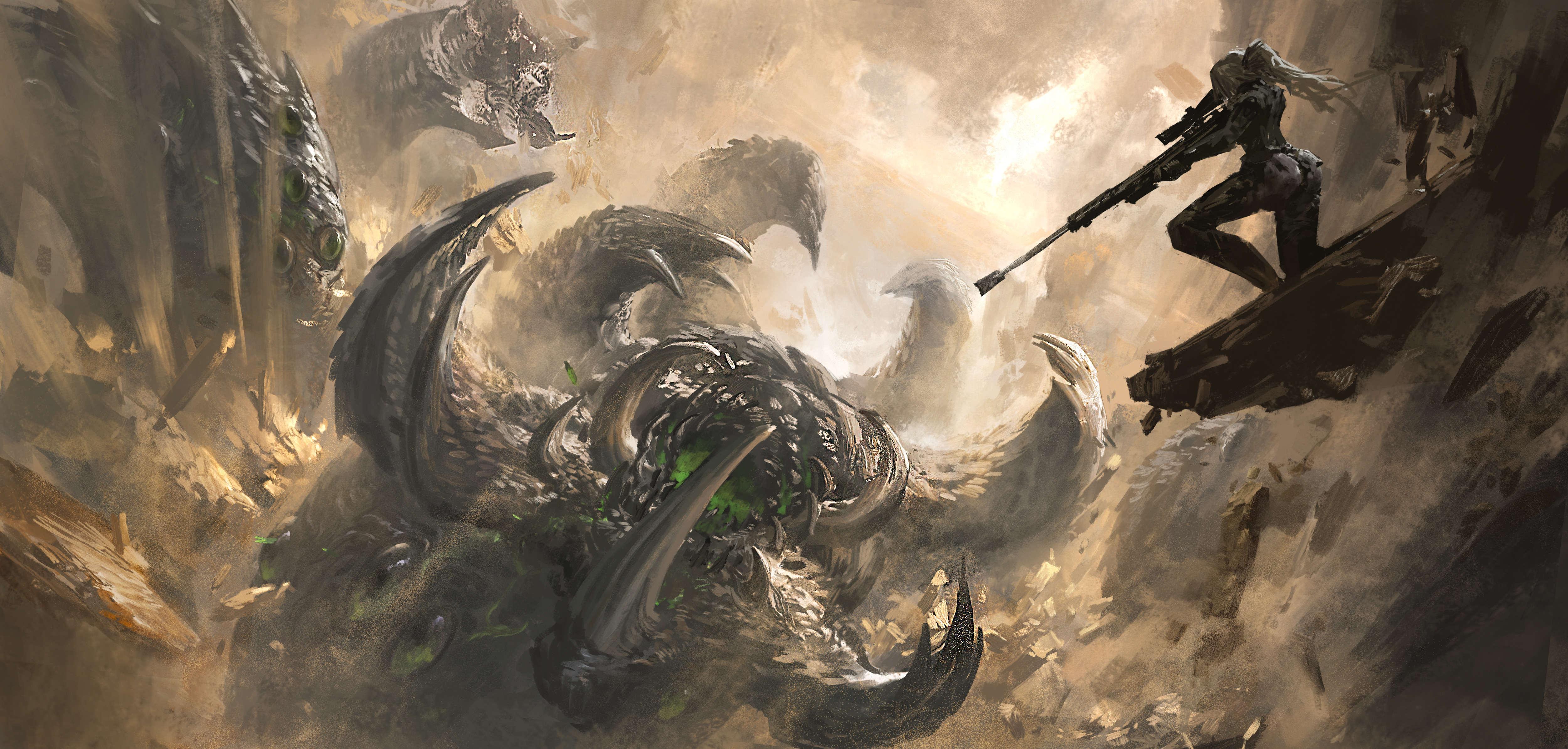 leo-dont-want-to-be-a-painter, original, absurdres, chinese commentary, commentary request, highres, weapon request, 1girl, ass, battle, black pants, black shirt, destruction, floating hair, gun, holding, holding gun, holding weapon, long hair, monster, on one knee, outdoors, pants, ponytail, rifle, shirt, sniper rifle, solo, weapon