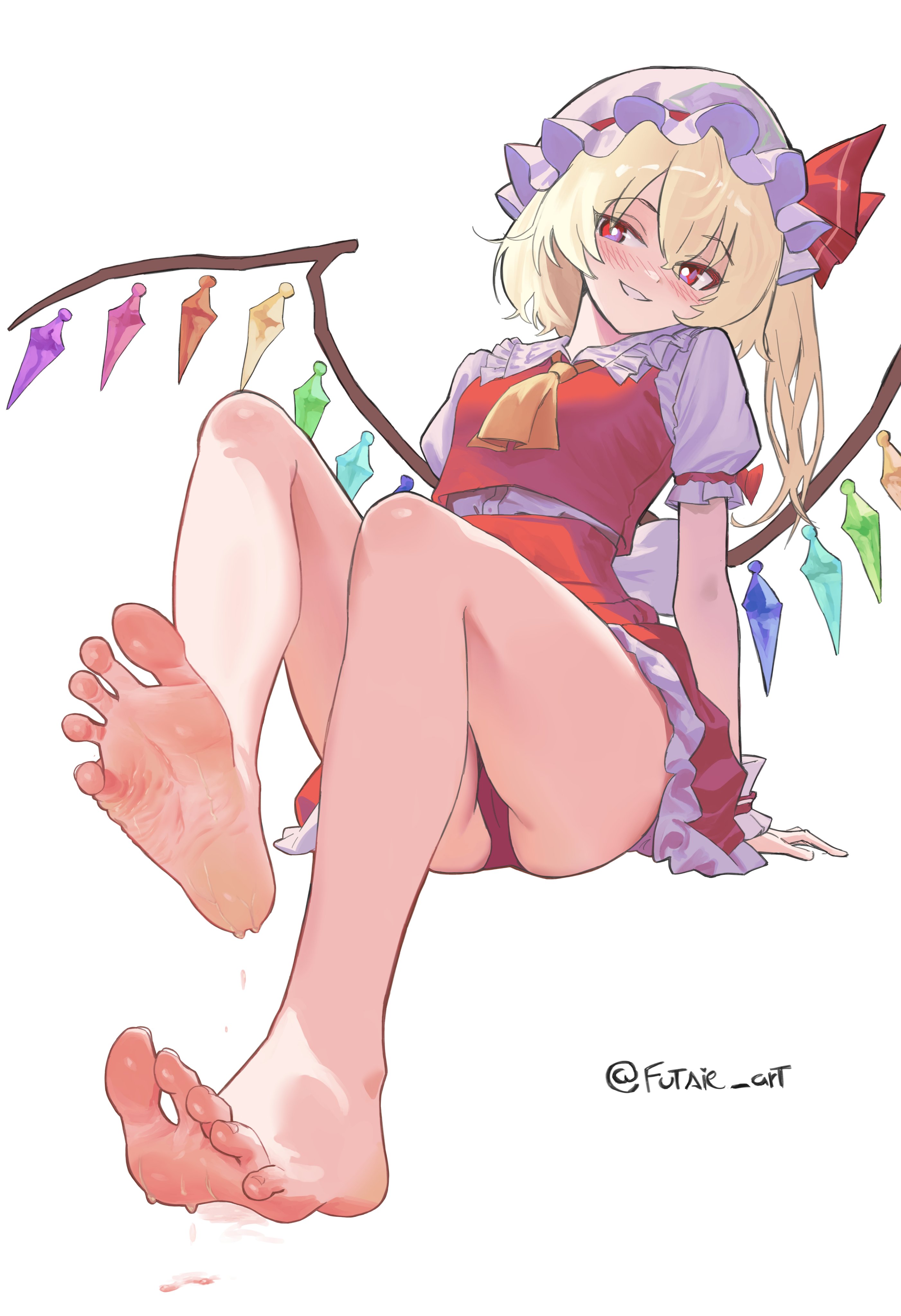 flandre scarlet, touhou, absurdres, commentary, english commentary, highres, 1girl, artist name, bare legs, barefoot, blonde hair, blush, breasts, bright pupils, crossed bangs, crystal wings, dress, feet, foot focus, frilled dress, frills, full body, futsie art, hair between eyes, hat, legs, long hair, looking at viewer, mob cap, multicolored wings, neckerchief, one side up, panties, parted lips, puffy short sleeves, puffy sleeves, red dress, red eyes, red panties, short dress, short sleeves, side ponytail, simple background, sitting, small breasts, soles, solo, spread toes, sweat, sweatdrop, toenails, toes, twitter username, underwear, white background, white hat, white pupils, wings, yellow neckerchief