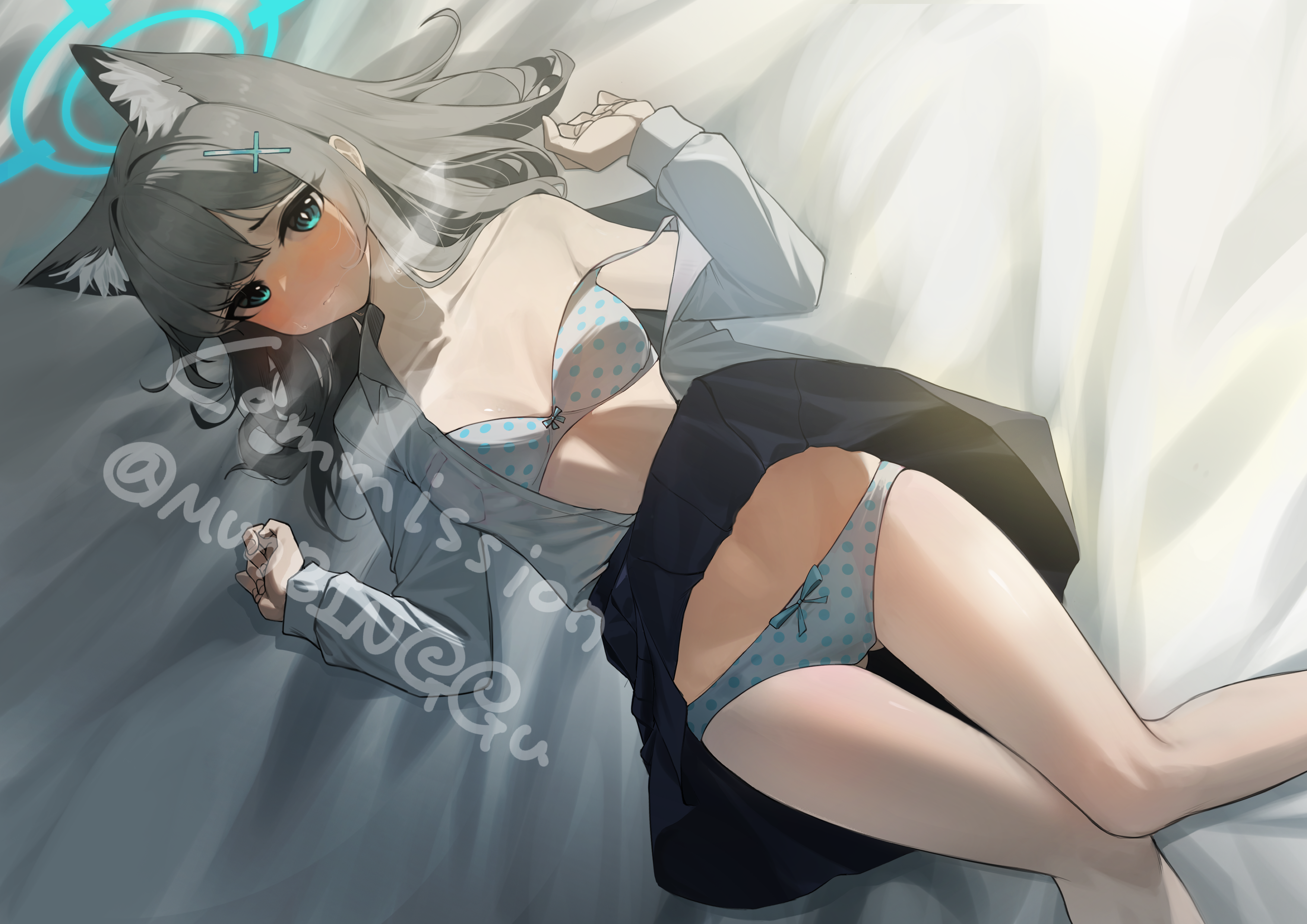 moving gun, shiroko (blue archive), blue archive, absurdres, commentary request, commission, highres, 1girl, animal ear fluff, animal ears, aqua eyes, black skirt, blush, bow, bow bra, bow panties, bra, breasts, bright pupils, closed mouth, clothes lift, collarbone, cross hair ornament, feet out of frame, grey bra, grey hair, grey panties, grey shirt, hair ornament, hands up, knees together feet apart, long hair, long sleeves, lying, medium breasts, on back, on bed, open clothes, open shirt, panties, parted bangs, pleated skirt, polka dot, polka dot bra, polka dot panties, school uniform, shirt, sidelighting, skirt, skirt lift, solo, strap slip, twitter username, underwear, watermark, white pupils