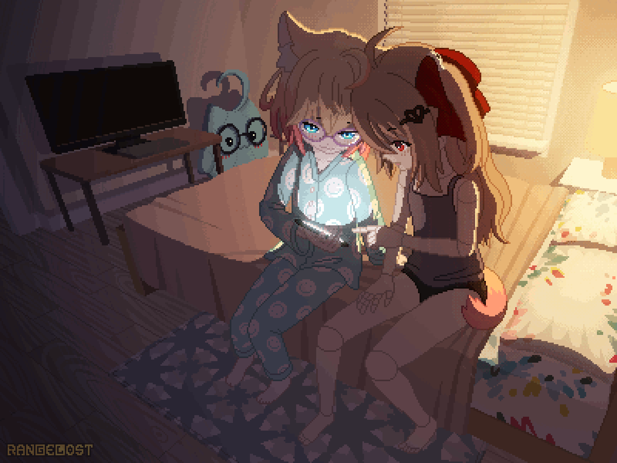 evil neuro-sama, minikomew, neuro-sama, indie virtual youtuber, commentary, english commentary, 2girls, ahoge, animal ear fluff, animal ears, backlighting, barefoot, blonde hair, blue eyes, blue pajamas, broken heart, broken heart hair ornament, brown hair, camisole, cat ears, cat girl, cat tail, closed mouth, from above, from side, gradient hair, grey camisole, hair ribbon, heart, holding, holding phone, indoors, joints, long hair, long sleeves, multicolored hair, multiple girls, open mouth, pajamas, phone, pink hair, pixel art, rangelost, red eyes, red ribbon, ribbon, robot girl, robot joints, sitting, table, tail, television, two side up, vedal ai, virtual youtuber