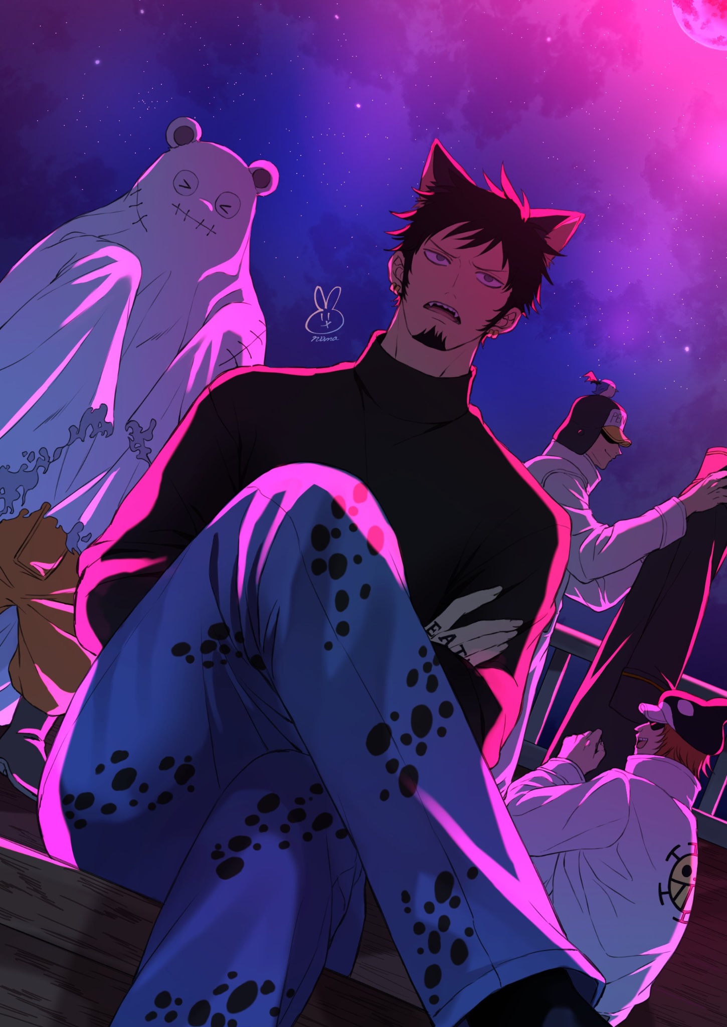 niina 1oo9, bepo (one piece), penguin (one piece), shachi (one piece), trafalgar law, one piece, commentary, english commentary, highres, 4boys, animal ears, bear ears, black hair, black shirt, blue pants, cat ears, crossed arms, crossed legs, denim, facial hair, feet out of frame, ghost costume, halloween, halloween costume, hand tattoo, hat, heart pirates jolly roger, jeans, jumpsuit, long sleeves, male focus, multiple boys, open mouth, pants, shirt, short hair, signature, sitting, tattoo, turtleneck, white jumpsuit