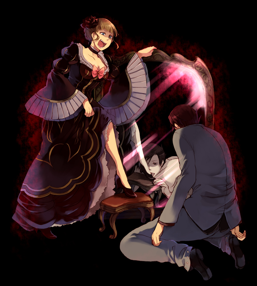 hanokage, beatrice (umineko), ushiromiya battler, umineko no naku koro ni, 00s, 1boy, 1girl, blonde hair, blue eyes, breasts, choker, dress, feet, femdom, flower, foot worship, frills, hetero, jacket, laughing, licking, licking foot, mirror, plantar flexion, red hair, ribbon, short hair, smile