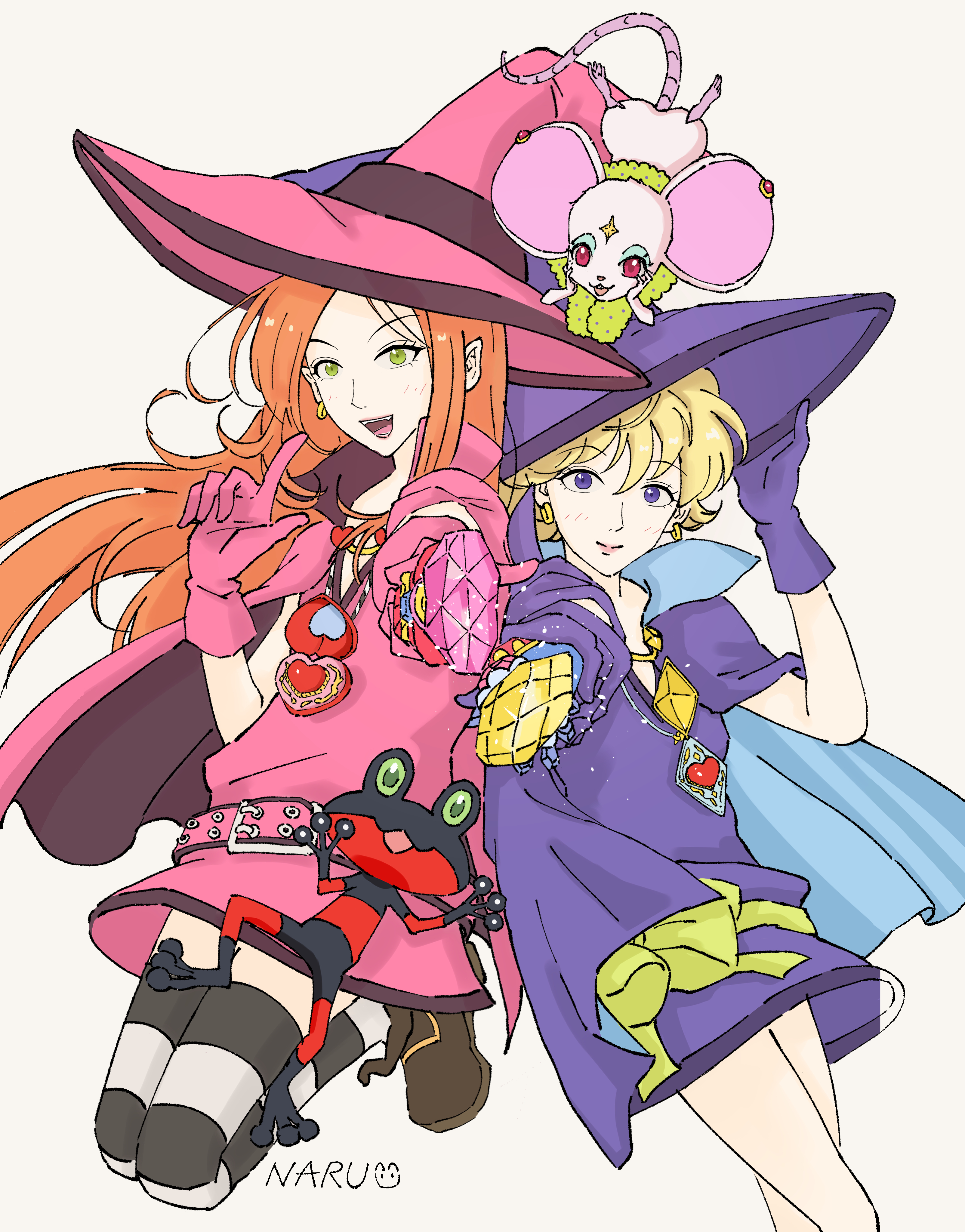 blanca (sugar sugar rune), chocolat meilleure, duke (sugar sugar rune), vanilla mieux, sugar sugar rune, absurdres, commentary, highres, 2girls, animal, blush, cape, earrings, frog, gloves, green eyes, green scarf, hair between eyes, hat, head rest, high collar, holding, holding wand, jewelry, long hair, looking at viewer, magical girl, mouse (animal), multiple girls, pink cape, pink gloves, pink hat, purple cape, purple eyes, purple gloves, purple hat, sash, scarf, short hair, signature, simple background, smile, sparkle, striped clothes, striped thighhighs, thighhighs, wand, white background, witch, witch hat, yuxx00xxx