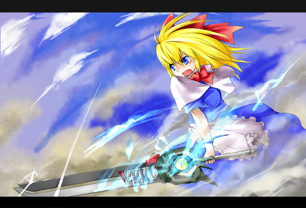 taker, taker (flamestorm), shanghai doll, touhou, 1girl, blonde hair, blue eyes, bow, capelet, female focus, hair bow, letterboxed, long hair, short hair, solo, sword, weapon