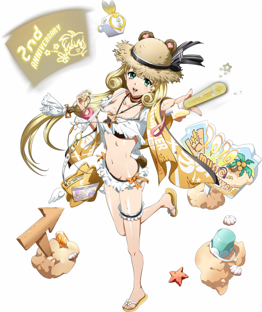 rachel (langrisser), langrisser, langrisser mobile, langrisser v, game cg, official art, third-party source, 1girl, :d, animal ears, bag, beach, bear ears, bikini, black ribbon, blonde hair, breasts, bucket, choker, clam shell, cleavage, earbuds, earphones, fake tail, floating, floating object, frilled bikini, frilled thigh strap, frills, full body, glowstick, green eyes, handbag, hat, hat ribbon, hat with ears, holding, holding earbud, holding glowstick, jewelry, leg up, legs, long hair, looking at viewer, looking up, low-tied long hair, medium breasts, navel, necklace, necklace between breasts, official alternate costume, open mouth, orange ribbon, projector, projector screen, removing earbuds, ribbon, sand, sandals, seashell, shell, sign, simple background, smile, solo, standing, standing on one leg, starfish, stomach, straw hat, swimsuit, tachi-e, tail, thigh strap, towel, towel writing, transparent background, very long hair, wet, white bikini, writing