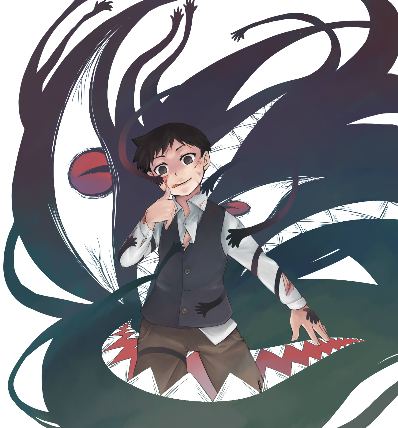 otaki55, pride (fma), selim bradley, fullmetal alchemist, homunculus, highres, spoilers, 00s, 1boy, black eyes, black hair, blood, cuts, darkness, injury, male focus, oyaki55, solo, tongue