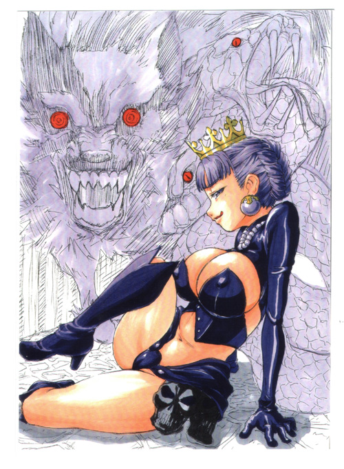 gokkun tororojiru, gradriel, gradriel de valendia, atlus, princess crown, 1girl, boots, breasts, cleavage, covered erect nipples, crown, earrings, female focus, gold crown, jewelry, knee boots, large breasts, legs, midriff, necklace, pearl necklace, purple eyes, purple hair, red eyes, revealing clothes, sitting, skull, snake, solo, tongue, wolf