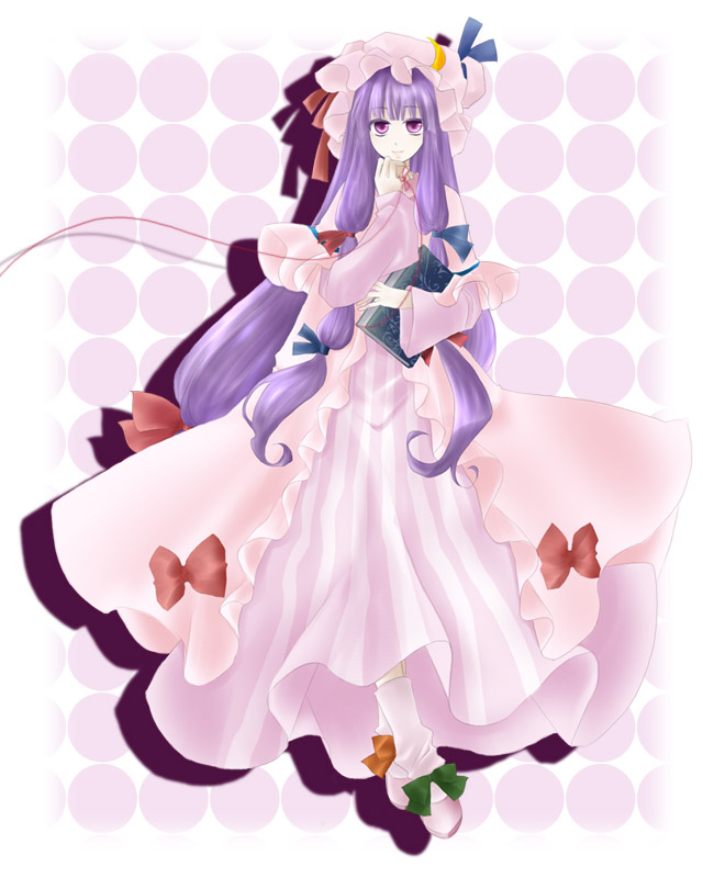 gyokurocha, patchouli knowledge, touhou, bad id, bad pixiv id, 1girl, book, female focus, full body, hair ribbon, hat, long hair, purple eyes, purple hair, ribbon, solo, string, string of fate