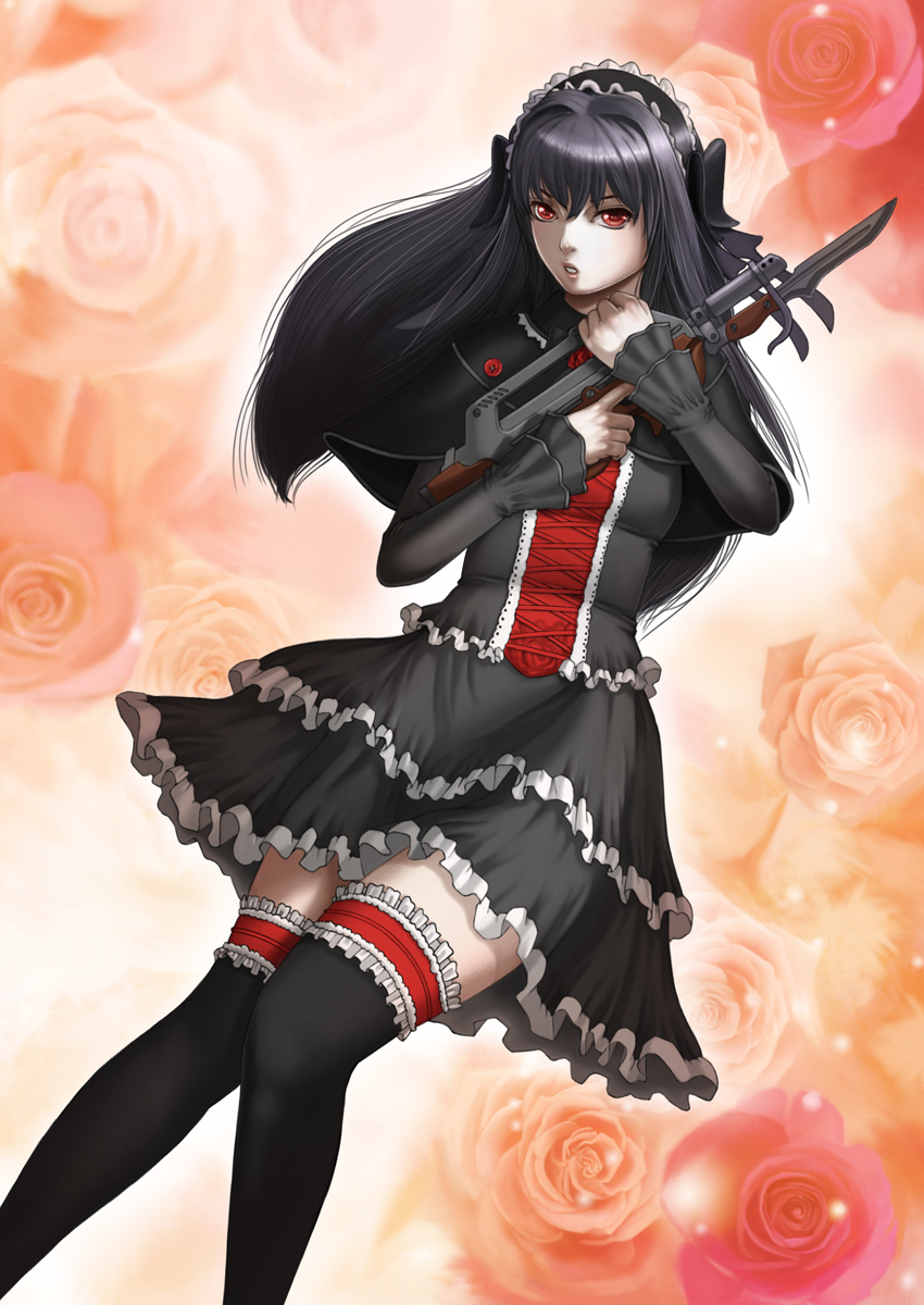 sawaragi, original, highres, 1girl, assault rifle, bayonet, black hair, bullpup, dress, famas, female focus, frilled thighhighs, frills, gothic lolita, gun, headband, lolita fashion, red eyes, rifle, solo, thighhighs, weapon